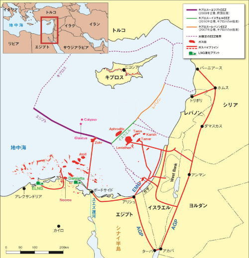 東地中海地域における主要ガス田と既存パイプライン